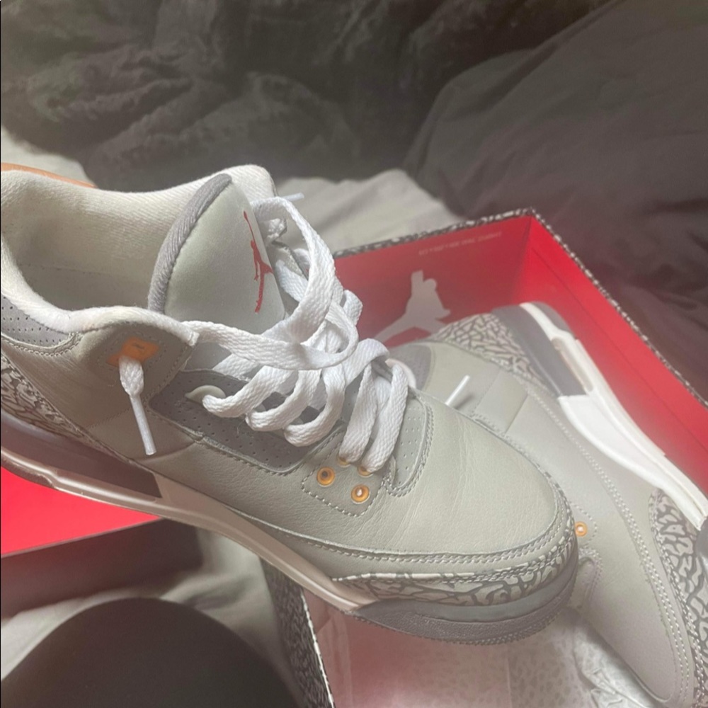 grey and orange 3s , only worn twice . i can bring the price down .